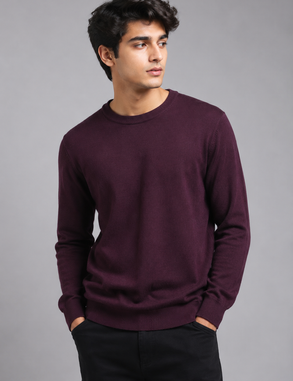 MALNE Men's Burgundy Crew Neck Jumper in UK Size L. Classic long-sleeve knit sweater with ribbed trims, perfect for casual and smart-casual winter outfits.