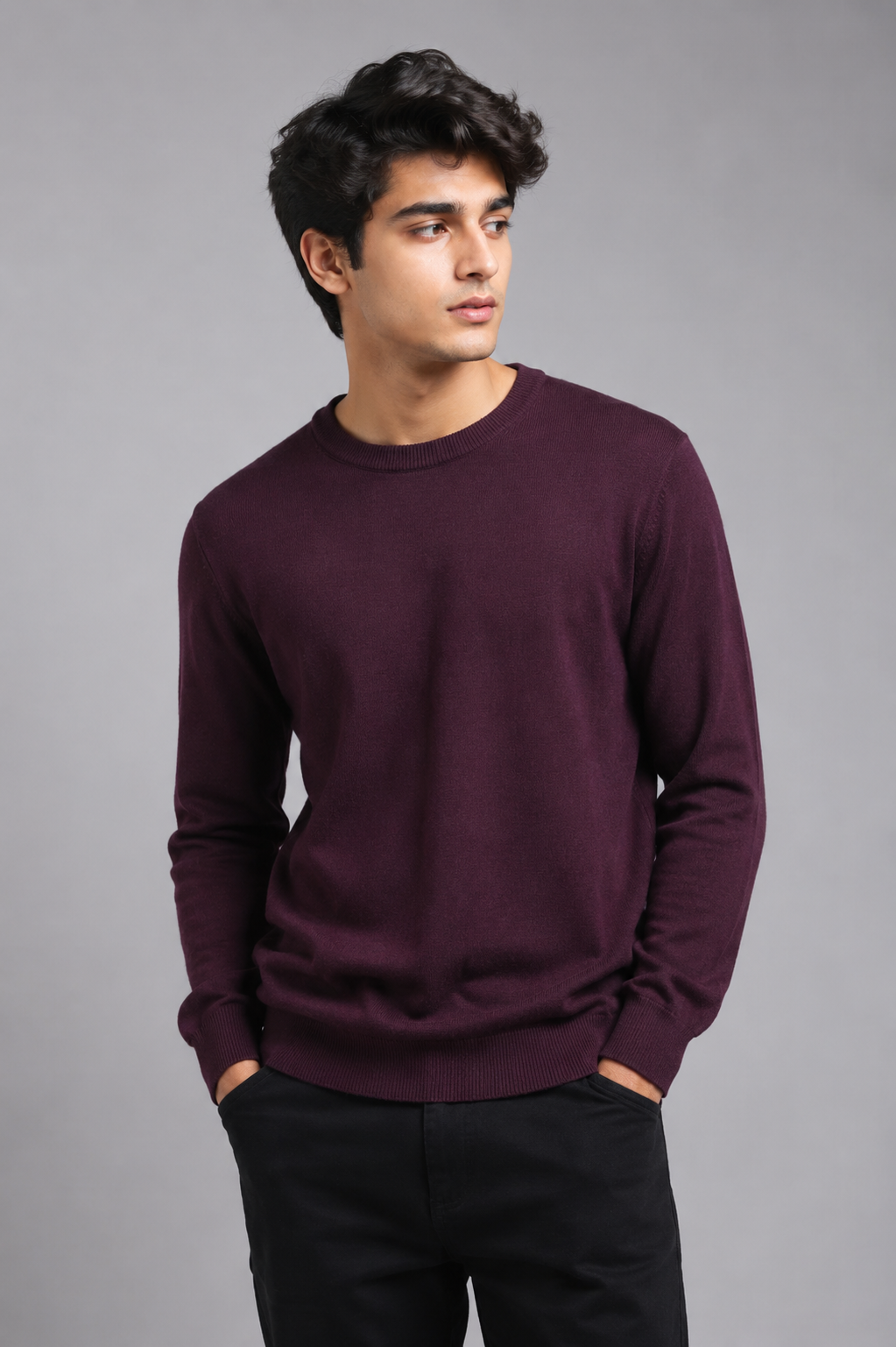 MALNE Men's Burgundy Crew Neck Jumper in UK Size L. Classic long-sleeve knit sweater with ribbed trims, perfect for casual and smart-casual winter outfits.