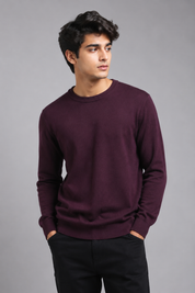 MALNE Men's Burgundy Crew Neck Jumper in UK Size L. Classic long-sleeve knit sweater with ribbed trims, perfect for casual and smart-casual winter outfits.