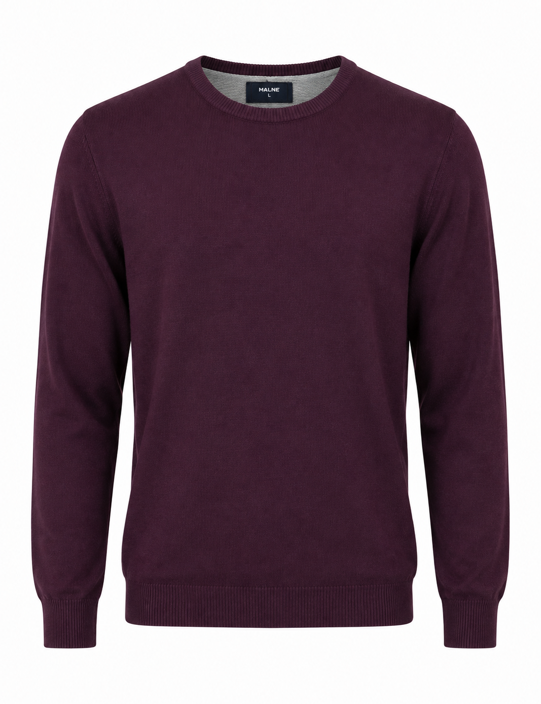 MALNE Men's Burgundy Crew Neck Jumper in UK Size L. Classic long-sleeve knit sweater with ribbed trims, perfect for casual and smart-casual winter outfits.