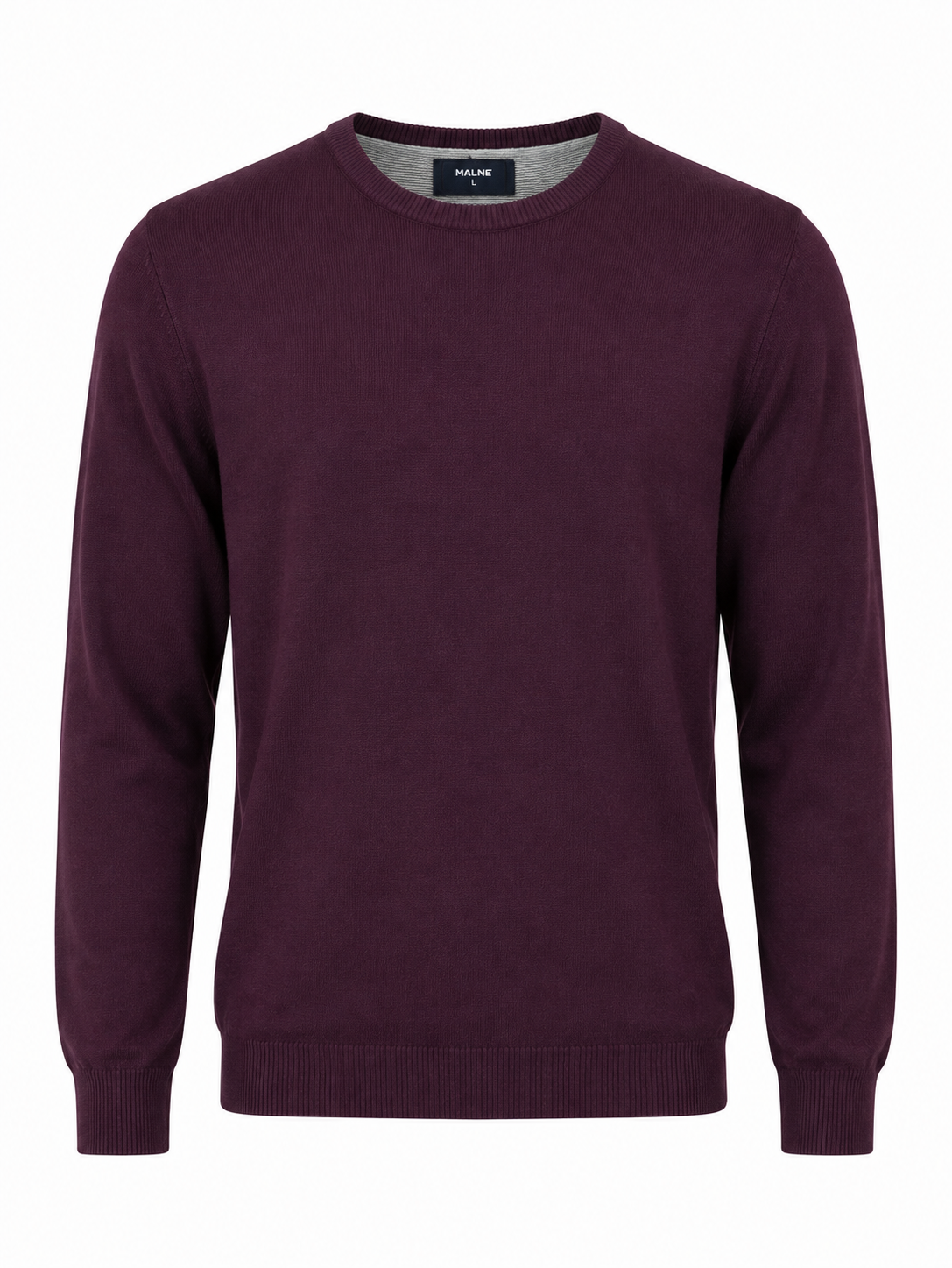 MALNE Men's Burgundy Crew Neck Jumper in UK Size L. Classic long-sleeve knit sweater with ribbed trims, perfect for casual and smart-casual winter outfits.