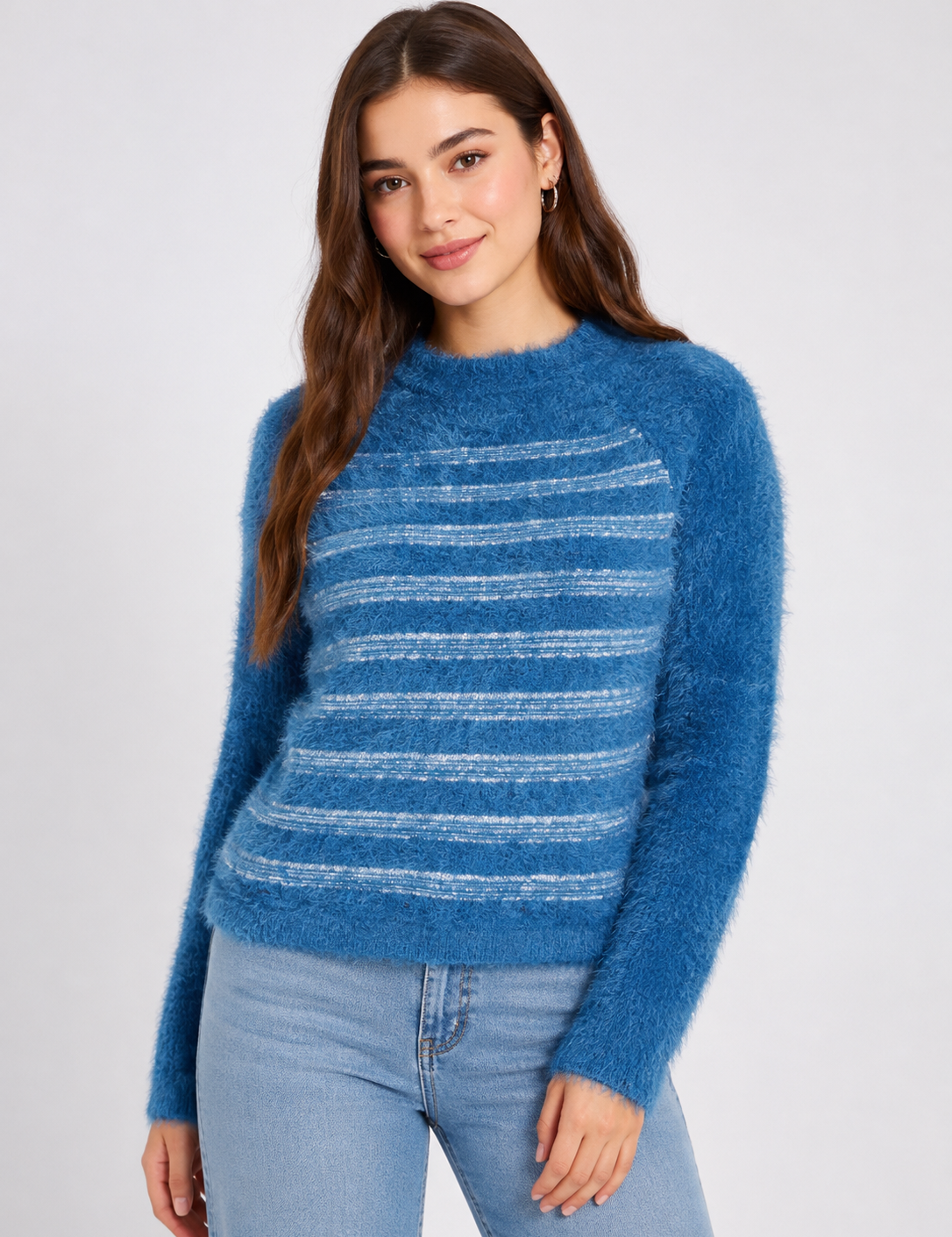  Mandi Women’s Blue Fuzzy Striped Knit Sweater in UK Size 14. Soft textured long-sleeve jumper with a stylish striped design, perfect for casual everyday wear.