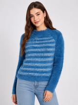 Mandi Womens Blue Fuzzy Striped Knit Sweater
