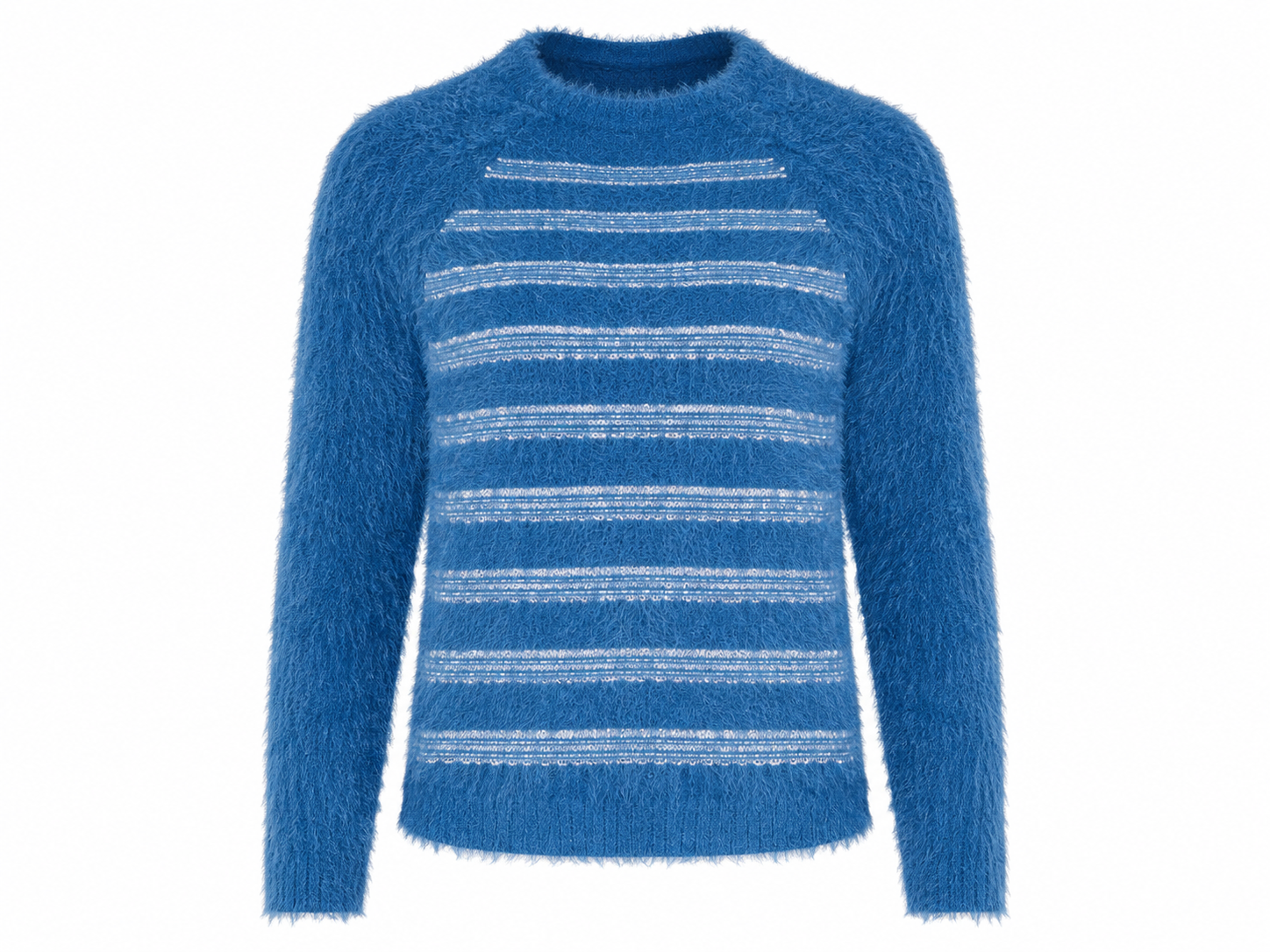  Mandi Women’s Blue Fuzzy Striped Knit Sweater in UK Size 14. Soft textured long-sleeve jumper with a stylish striped design, perfect for casual everyday wear.