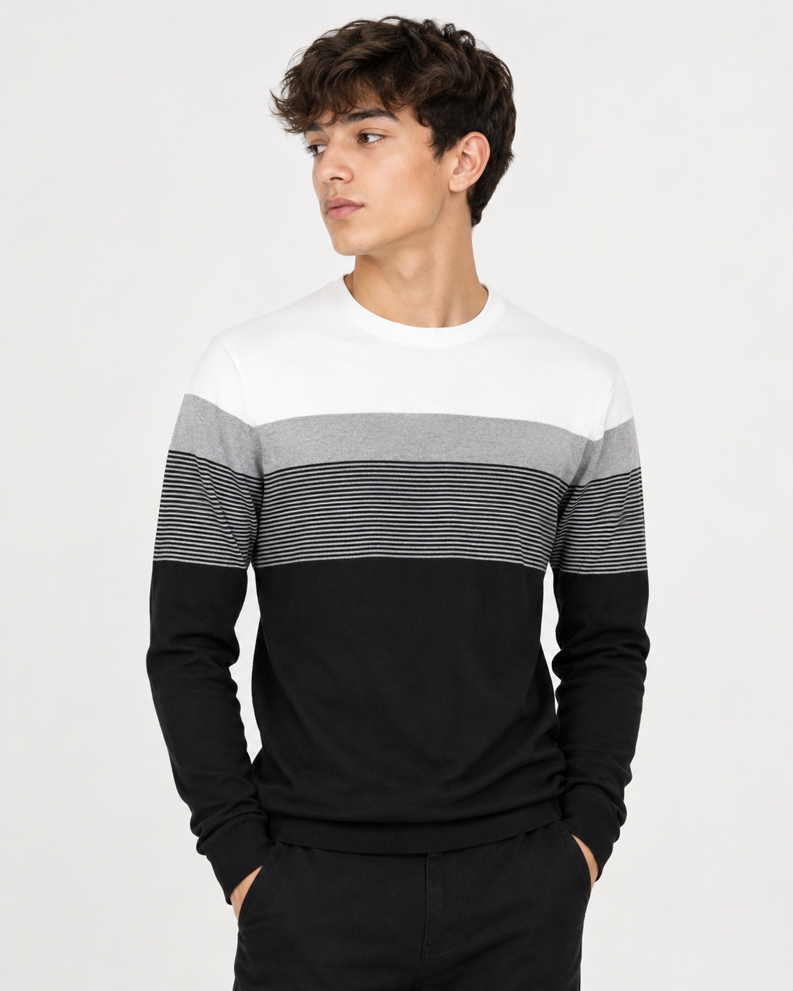 Manfinity men’s black, white and grey striped colour block jumper in UK size M. Classic crew neck, long sleeves and versatile smart-casual style.