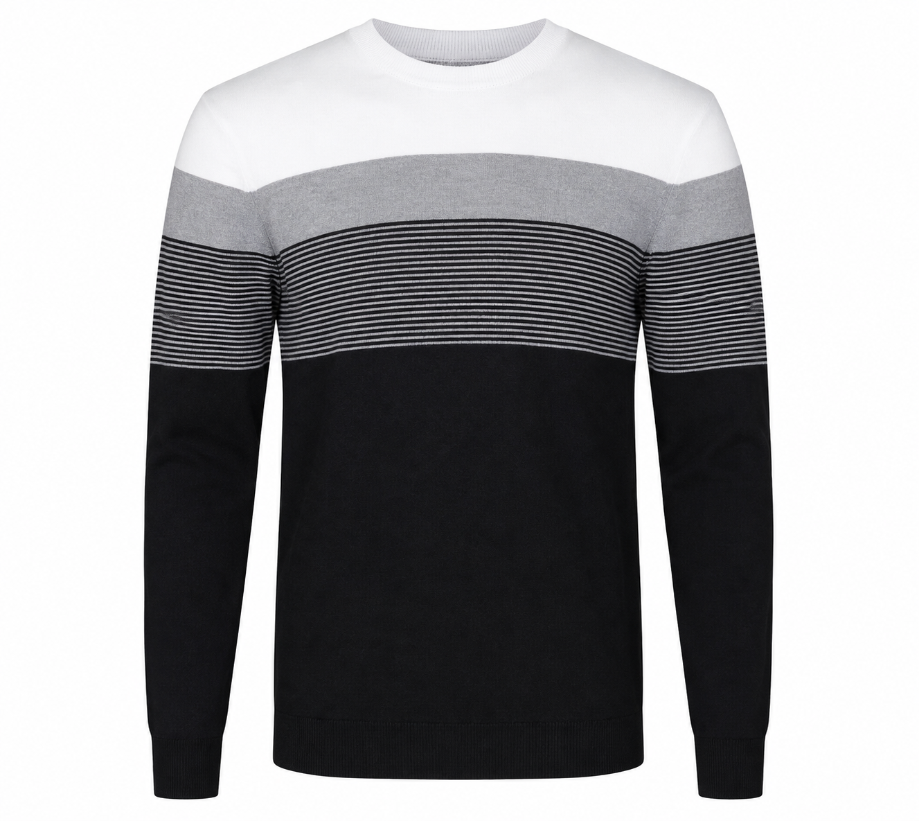 Manfinity men’s black, white and grey striped colour block jumper in UK size M. Classic crew neck, long sleeves and versatile smart-casual style.
