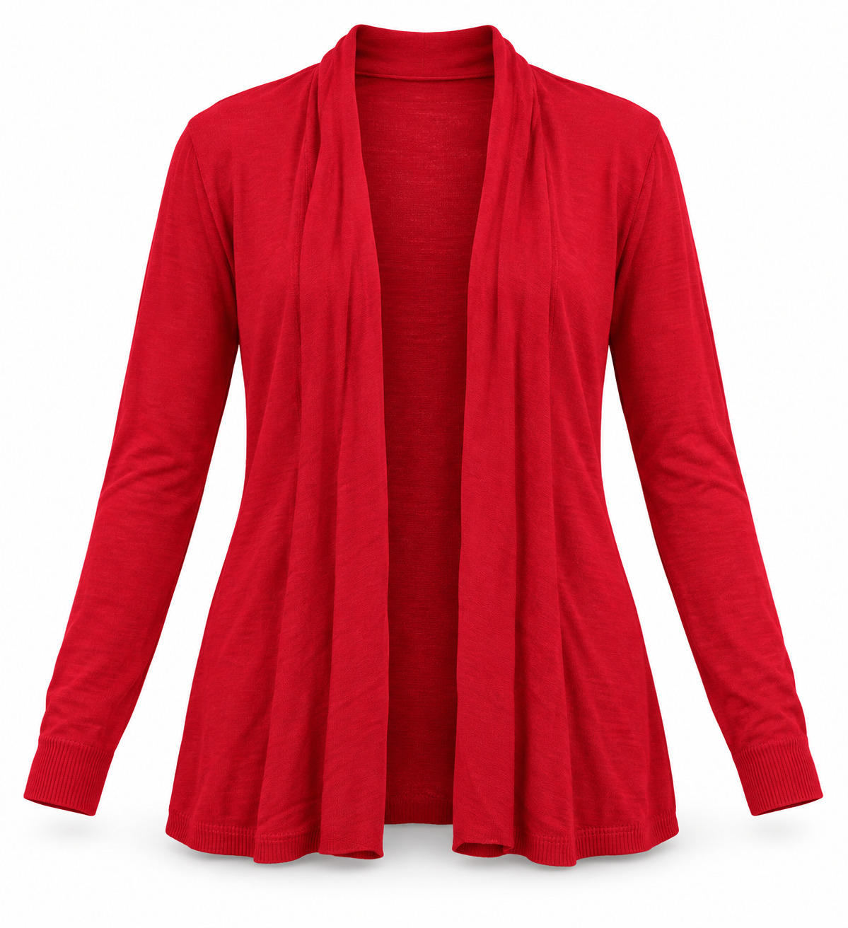   MANGO women’s red knit cardigan in UK size S, featuring an open front, draped edges and long sleeves for easy everyday layering.