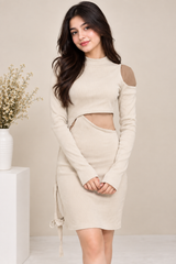 Maniere De Voir Women’s Cream Cut-Out Ribbed Midi Dress