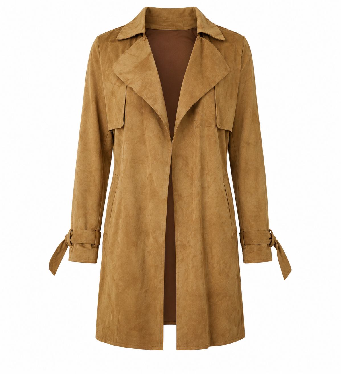  Manteau women’s tan faux suede trench coat in UK size M. Stylish open-front design, wide lapels, long sleeves, tie cuffs and side pockets.