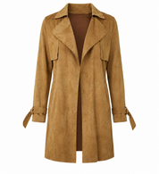  Manteau women’s tan faux suede trench coat in UK size M. Stylish open-front design, wide lapels, long sleeves, tie cuffs and side pockets.