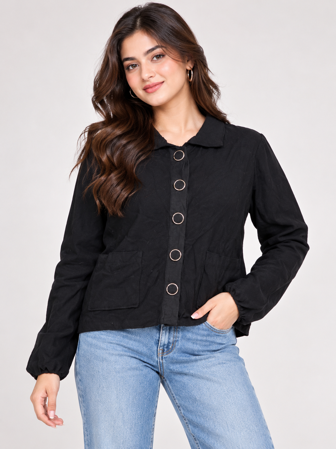 MARBLE Women's Black Button Front Jacket in UK Size M. Features stylish metallic-ring buttons, front pockets and a comfortable casual fit.