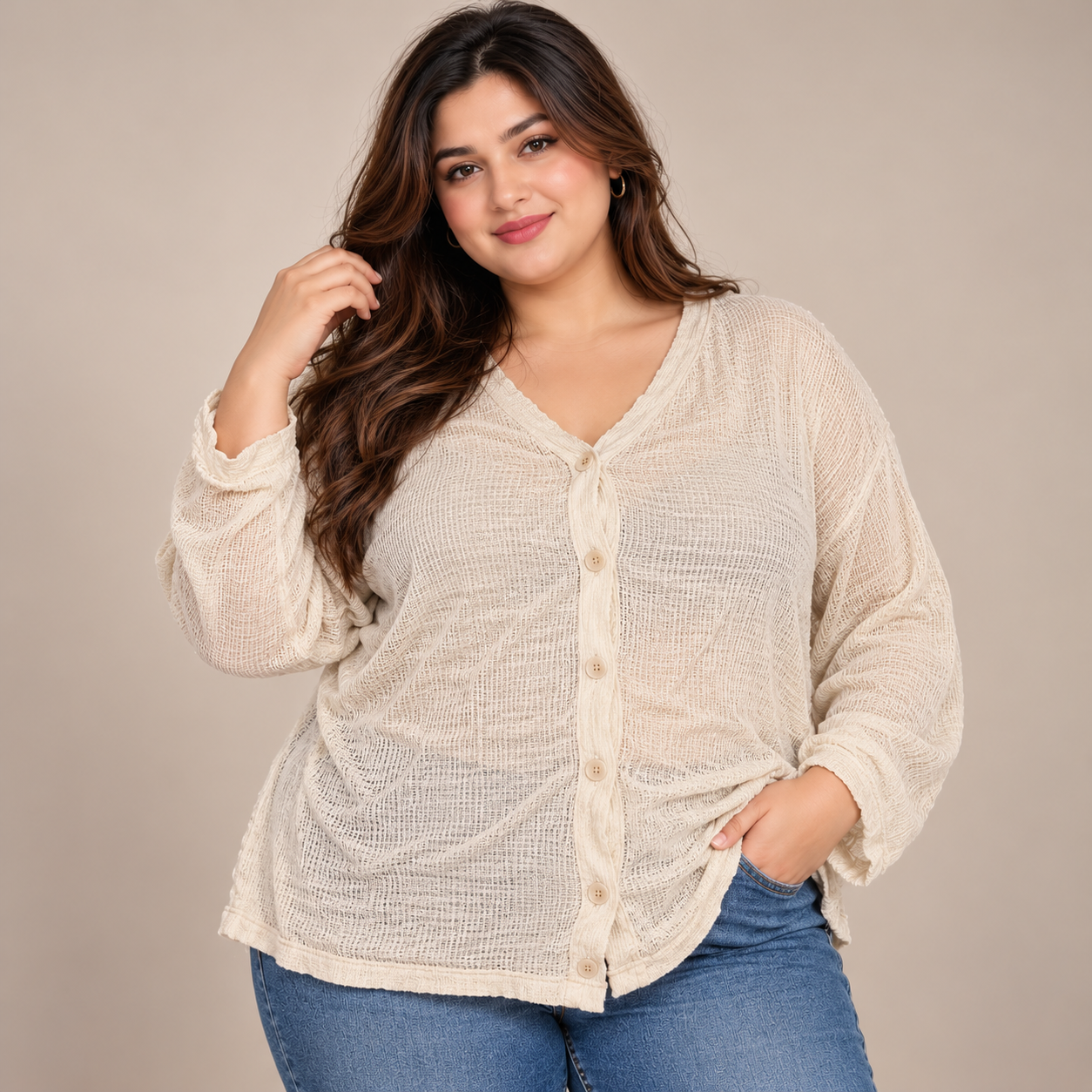 MARINA RINALDI Women's Beige Open Mesh Knit Cardigan in UK Size 2XL. Lightweight, breathable jali-style V-neck button-up cardigan for plus-size fashion.