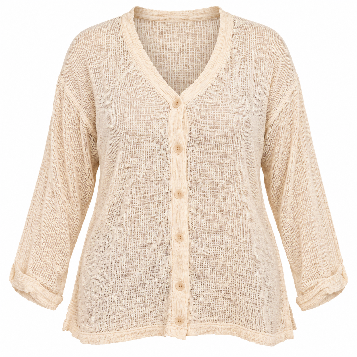MARINA RINALDI Women's Beige Open Mesh Knit Cardigan in UK Size 2XL. Lightweight, breathable jali-style V-neck button-up cardigan for plus-size fashion.