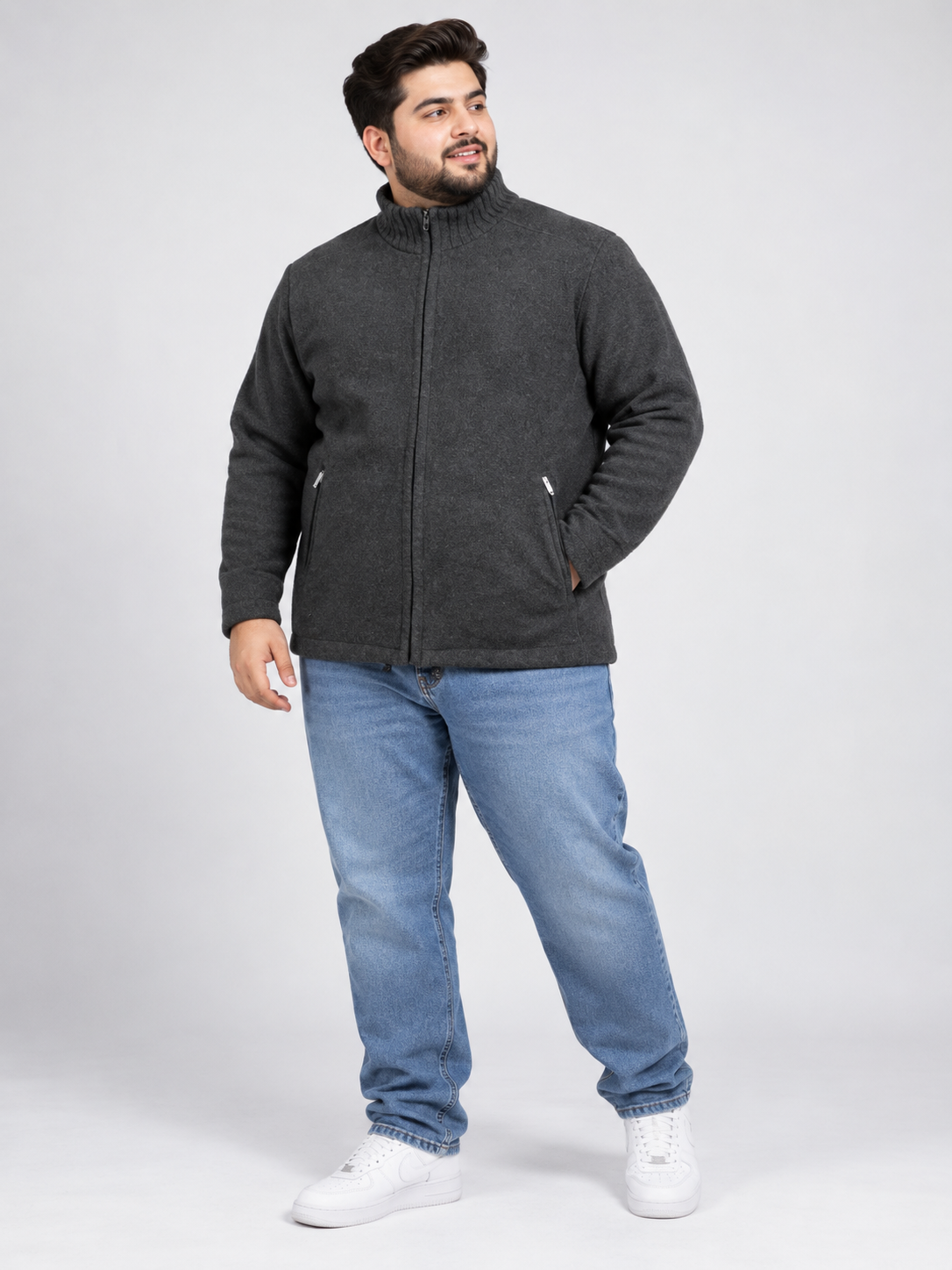 Marks & Spencer Men's Charcoal Grey Textured Full Zip Fleece Jacket in UK Size 3XL. Comfortable casual winterwear with zipped pockets and ribbed collar.
