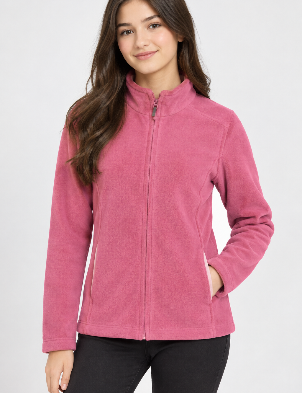  this Marks & Spencer pink fleece jacket in UK XS, featuring a full zip, stand collar, long sleeves and practical front pockets. Perfect for casual everyday wear.