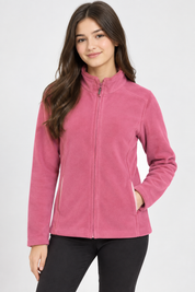  this Marks & Spencer pink fleece jacket in UK XS, featuring a full zip, stand collar, long sleeves and practical front pockets. Perfect for casual everyday wear.