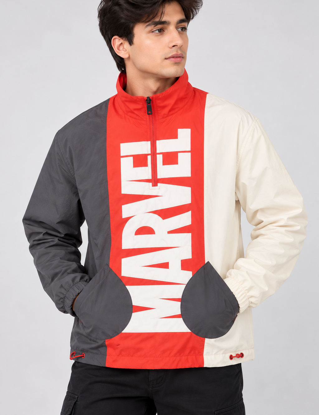 MARVEL men’s colour block windbreaker jacket in UK Size L, featuring red, grey and cream panels with bold MARVEL lettering. Stylish everyday outerwear.