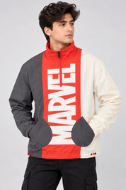 MARVEL men’s colour block windbreaker jacket in UK Size L, featuring red, grey and cream panels with bold MARVEL lettering. Stylish everyday outerwear.