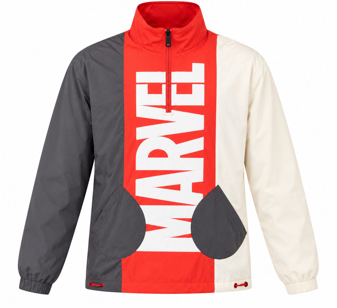 MARVEL men’s colour block windbreaker jacket in UK Size L, featuring red, grey and cream panels with bold MARVEL lettering. Stylish everyday outerwear.