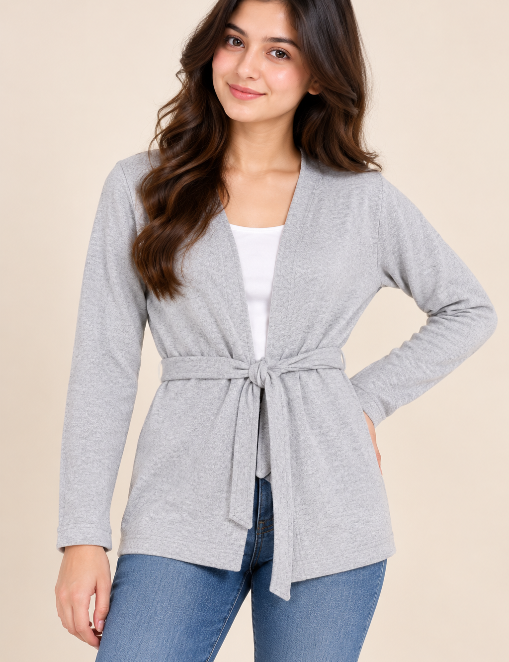 MATERNITY women’s grey open-front tie-waist cardigan in UK Size M. Soft, comfortable and stylish maternity layering wear for everyday outfits.