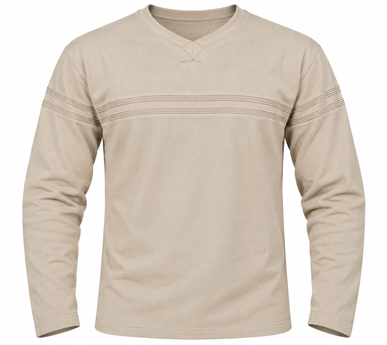  Matinee men’s beige textured long sleeve pullover in UK Size L. A versatile smart-casual top with subtle chest detailing for everyday wear.