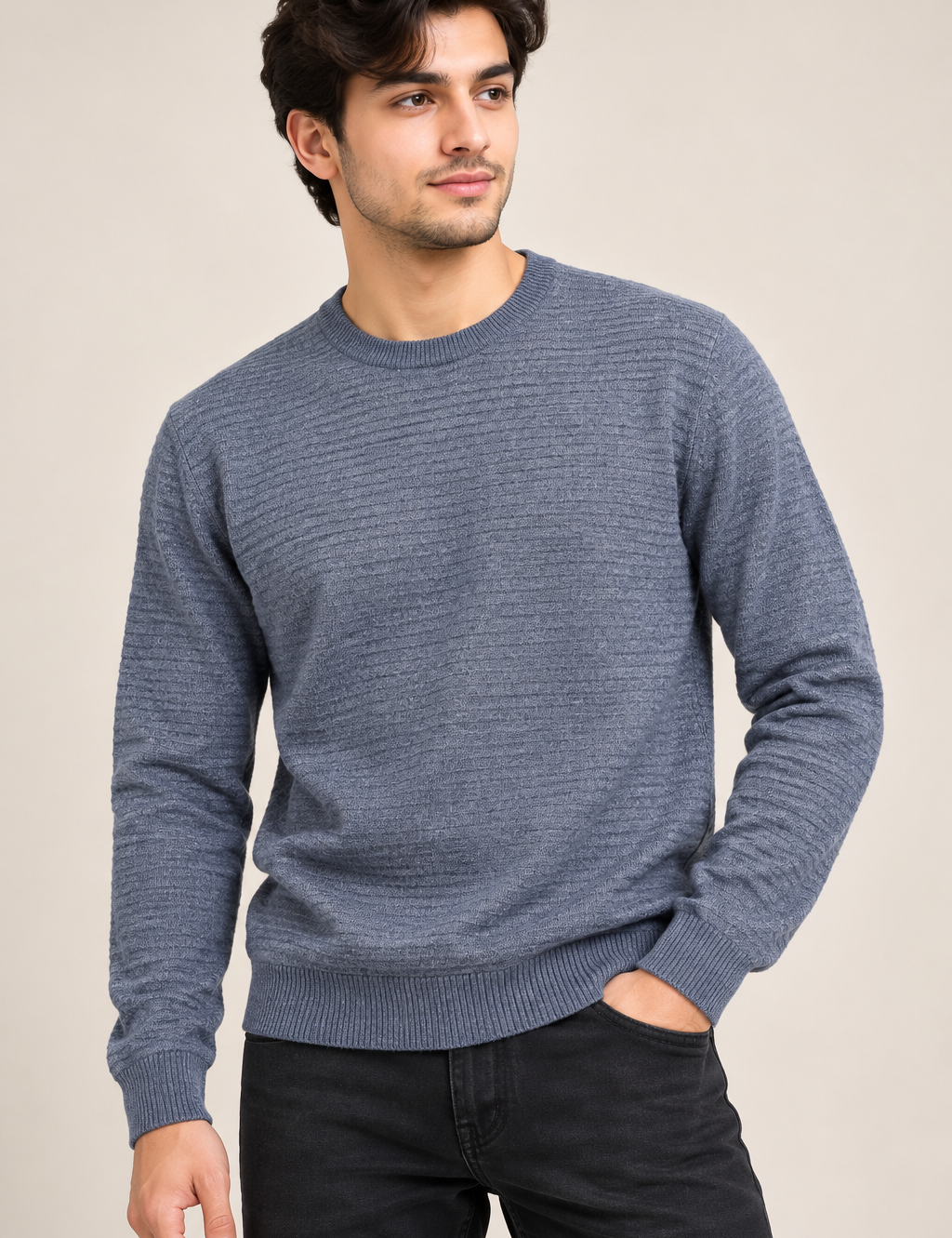  Matinique men’s blue grey textured crew neck jumper in UK Size L. A stylish long-sleeve knit sweater ideal for casual and smart-casual wear.