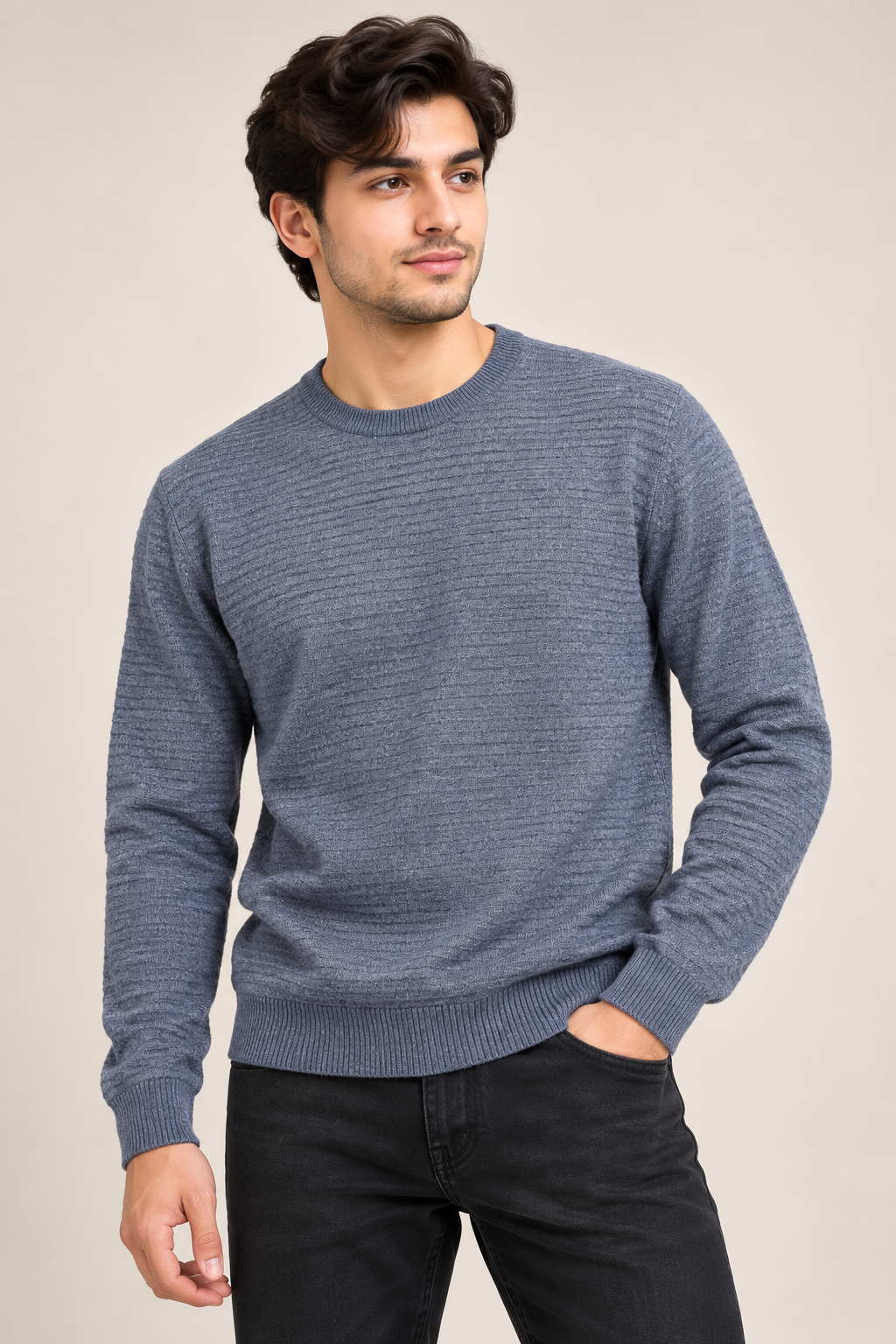  Matinique men’s blue grey textured crew neck jumper in UK Size L. A stylish long-sleeve knit sweater ideal for casual and smart-casual wear.