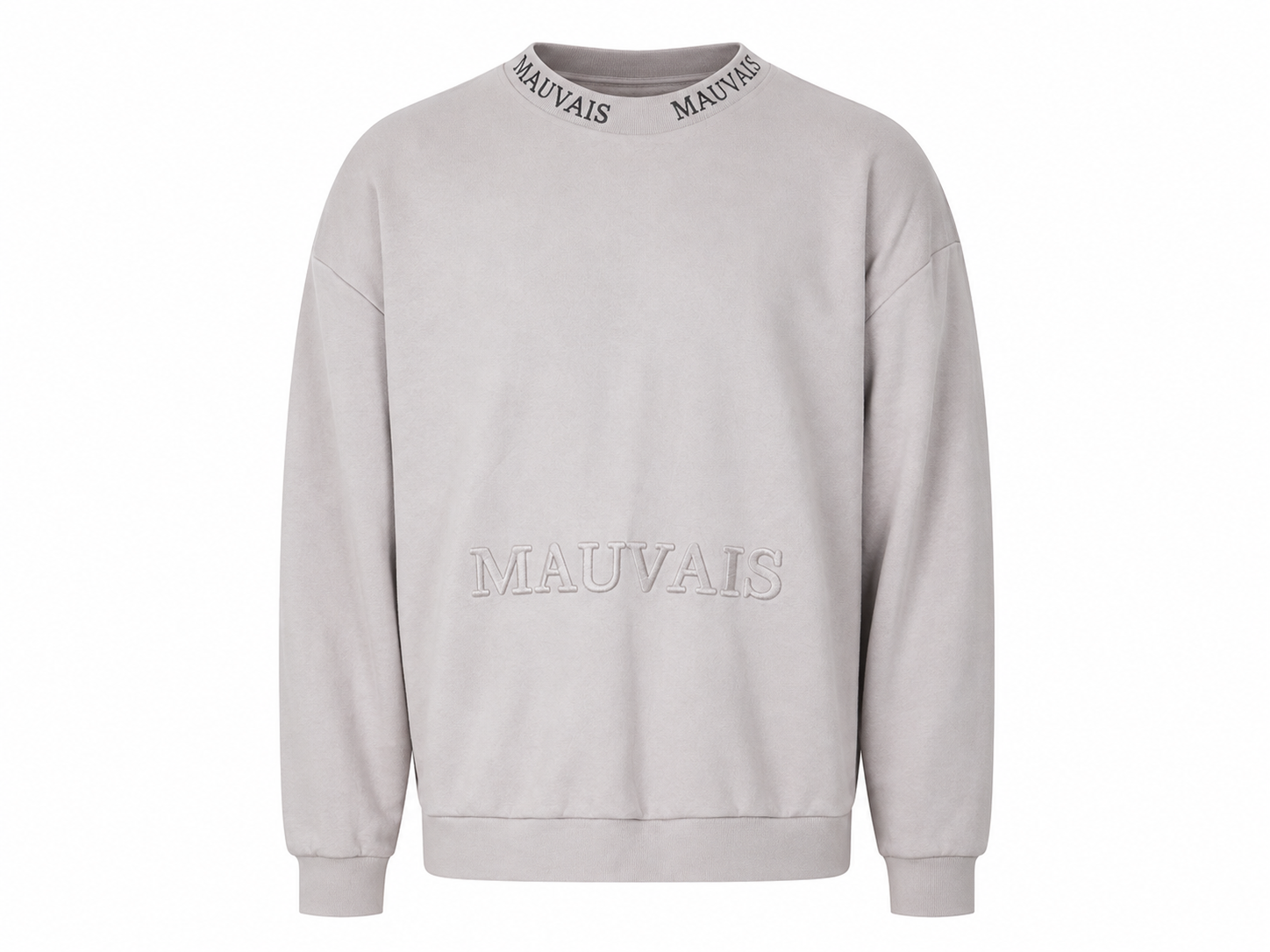   MAUVAIS men's grey sweatshirt in UK size M. Stylish crew neck design with long sleeves, branded collar and raised front logo, perfect for casual and streetwear looks.