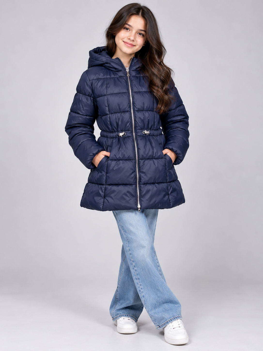  Mayoral Girls Navy Blue Long Hooded Quilted Puffer Coat in UK Size 12. Stylish padded winter jacket with zip fastening and adjustable waist.
