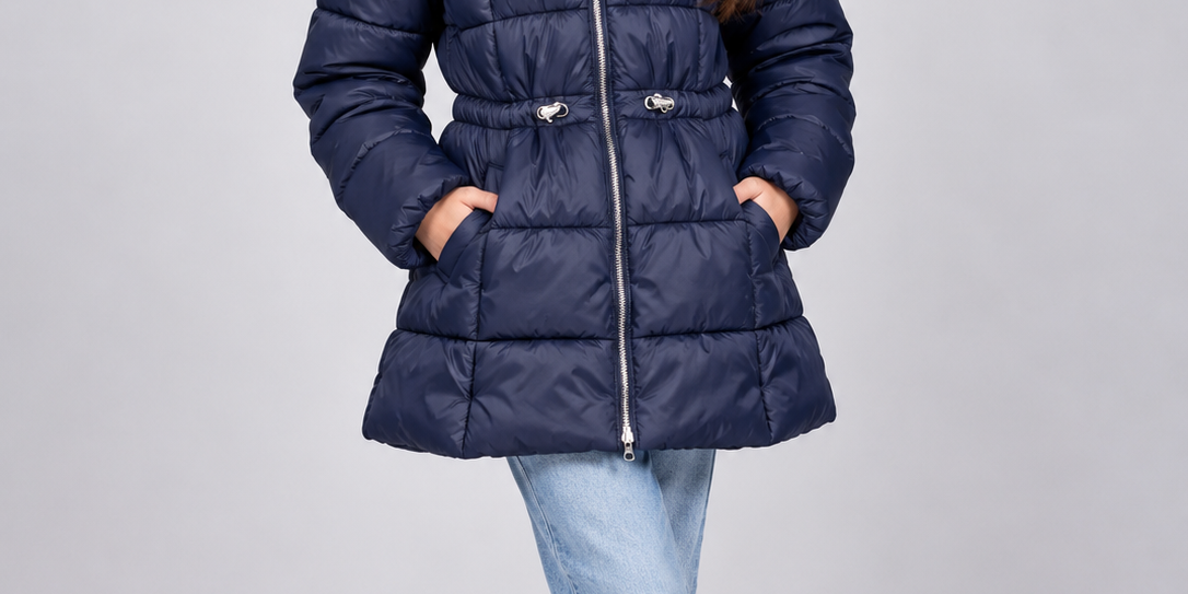  Mayoral Girls Navy Blue Long Hooded Quilted Puffer Coat in UK Size 12. Stylish padded winter jacket with zip fastening and adjustable waist.