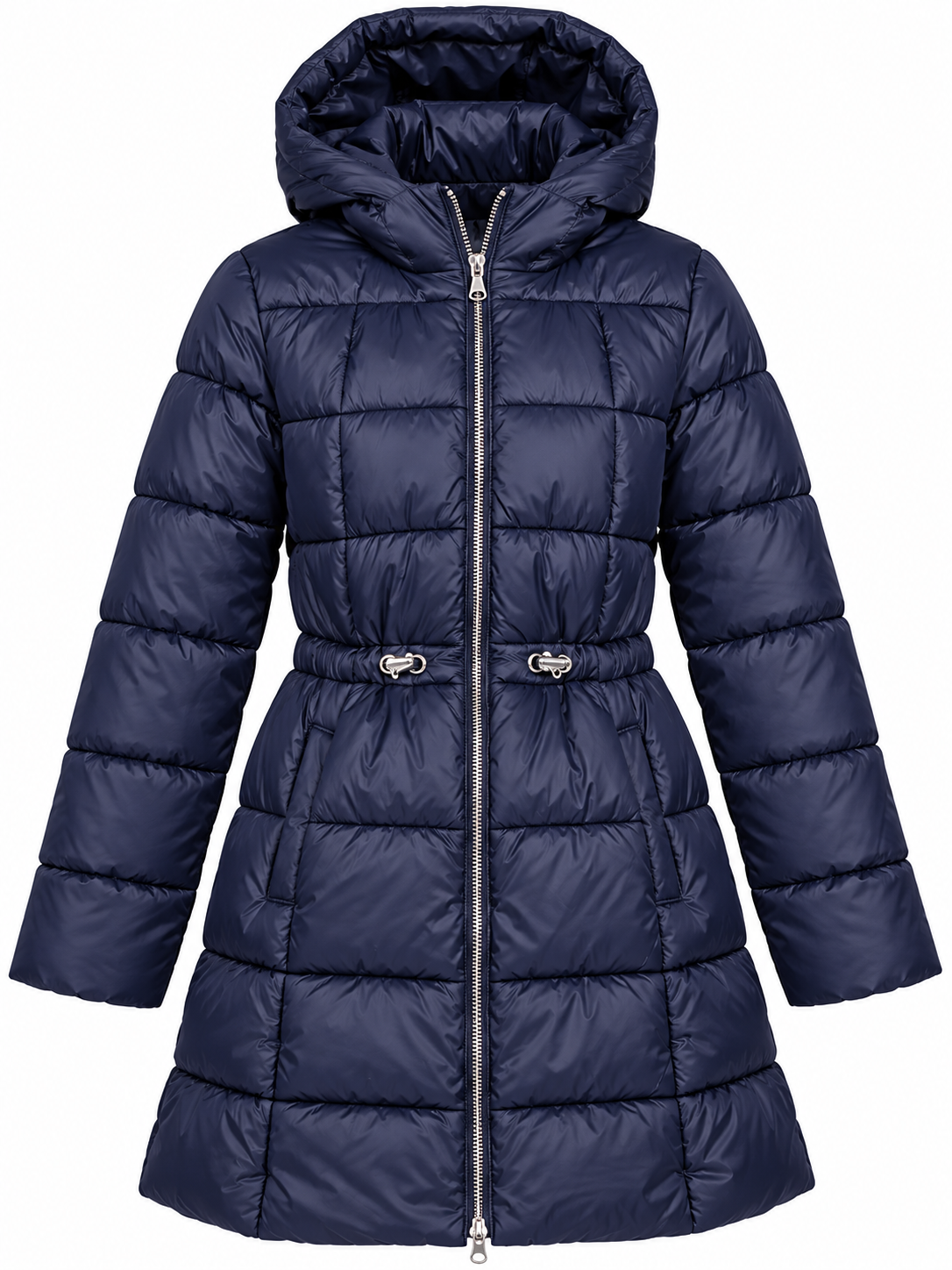  Mayoral Girls Navy Blue Long Hooded Quilted Puffer Coat in UK Size 12. Stylish padded winter jacket with zip fastening and adjustable waist.