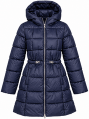  Mayoral Girls Navy Blue Long Hooded Quilted Puffer Coat in UK Size 12. Stylish padded winter jacket with zip fastening and adjustable waist.