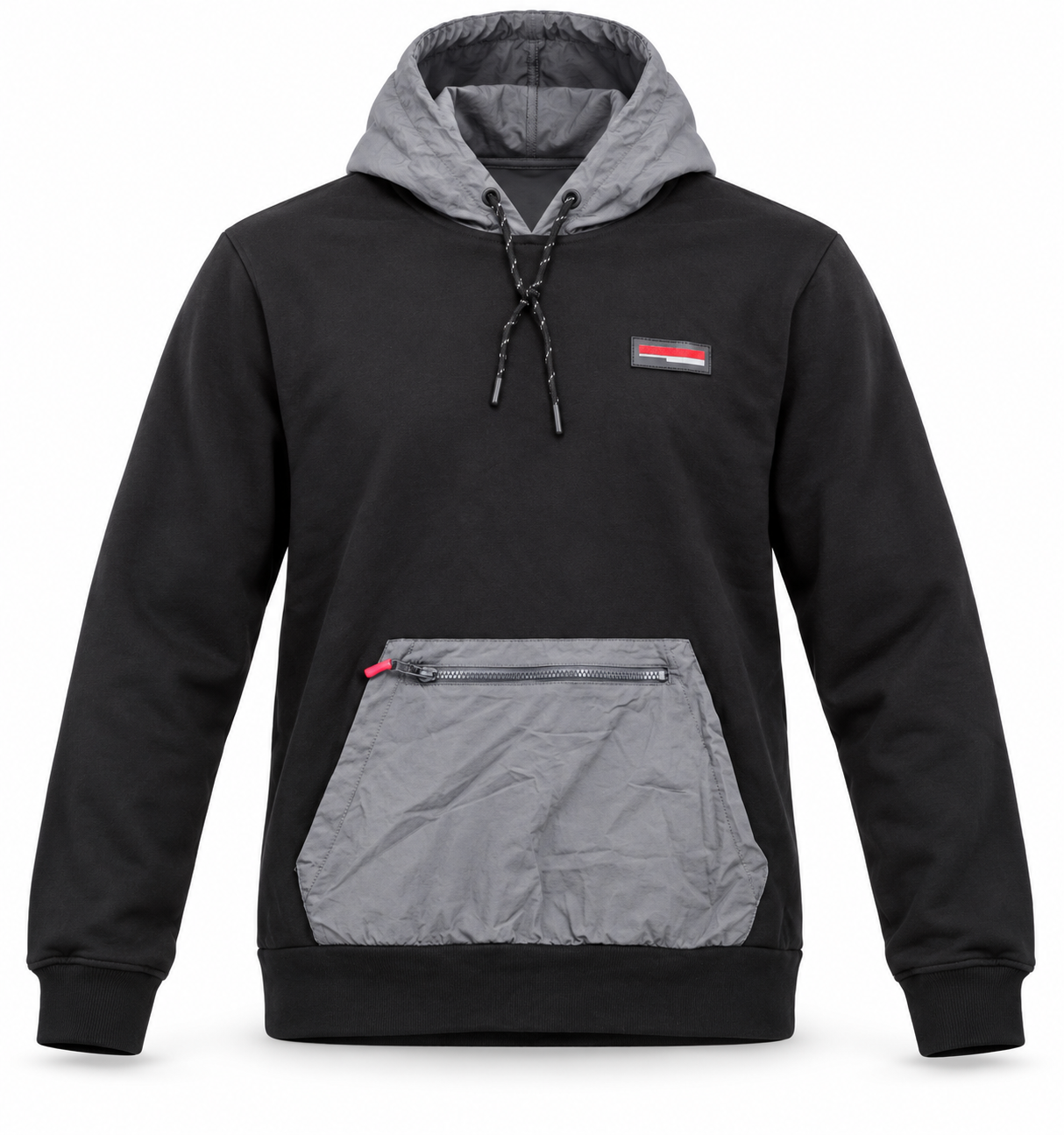   McKenzie men’s black and grey hoodie in UK XL, featuring a drawstring hood, zipped front pocket and ribbed trims for everyday casual style.