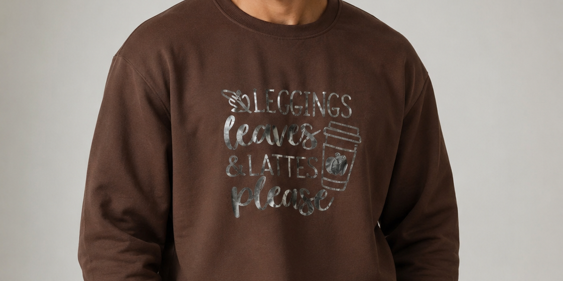  stylish men’s brown graphic crewneck sweatshirt featuring a reflective silver coffee-inspired print, ribbed cuffs and a comfortable casual fit. Perfect for everyday and weekend wear.