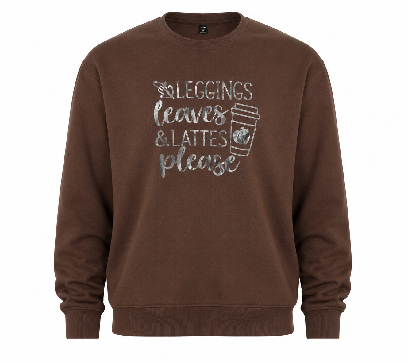 stylish men’s brown graphic crewneck sweatshirt featuring a reflective silver coffee-inspired print, ribbed cuffs and a comfortable casual fit. Perfect for everyday and weekend wear.