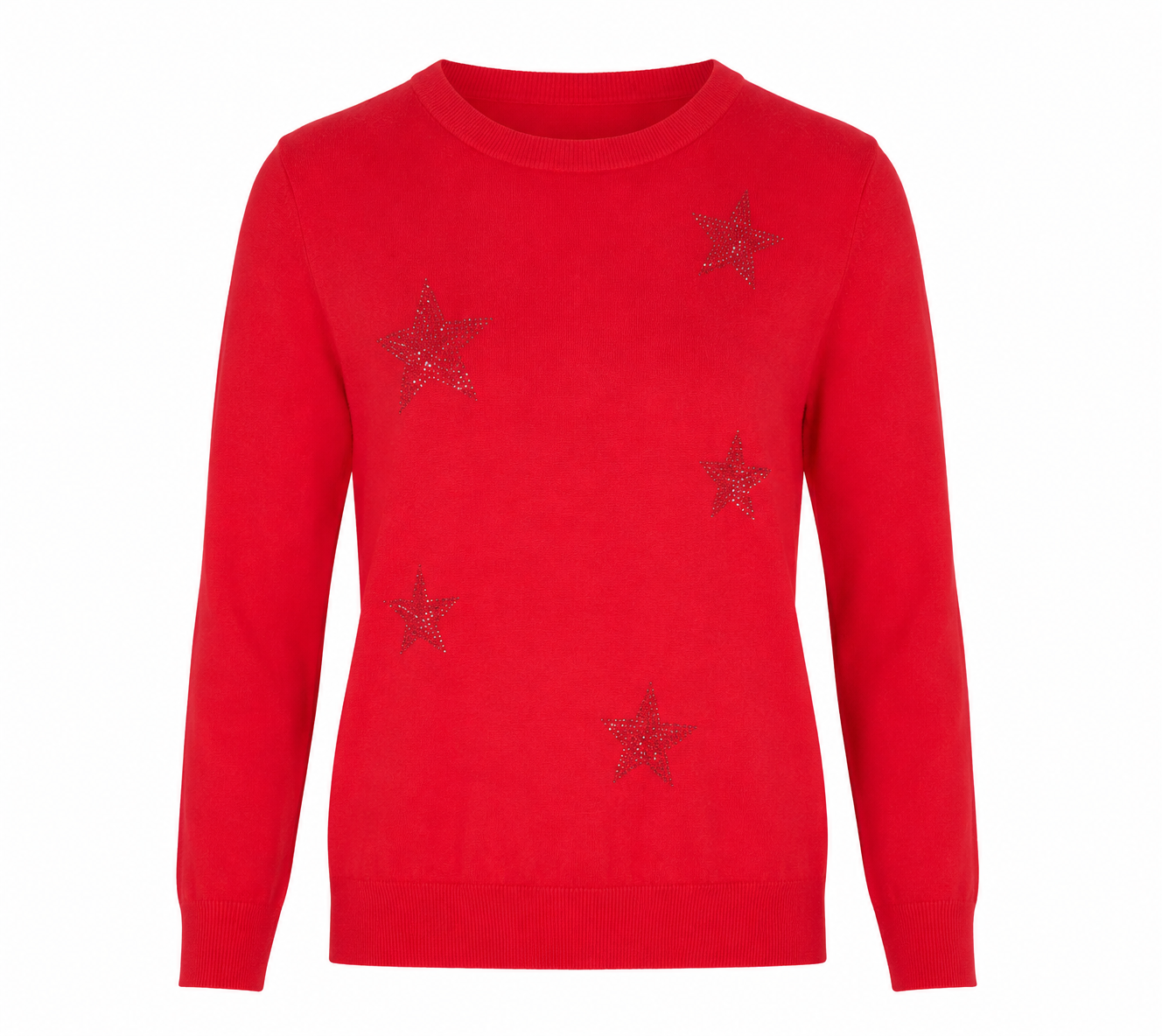   Merry Christmas red star embellished knit jumper in UK XL. Stylish festive long-sleeve sweater, perfect for Christmas parties and winter wear.
