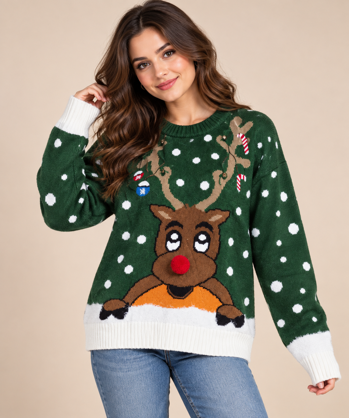 MERRY CHRISTMAS Reindeer Knitted Jumper in UK Size L. Dark green festive sweater with 3D red nose, snow and Christmas detailing. Perfect for winter and Christmas parties.