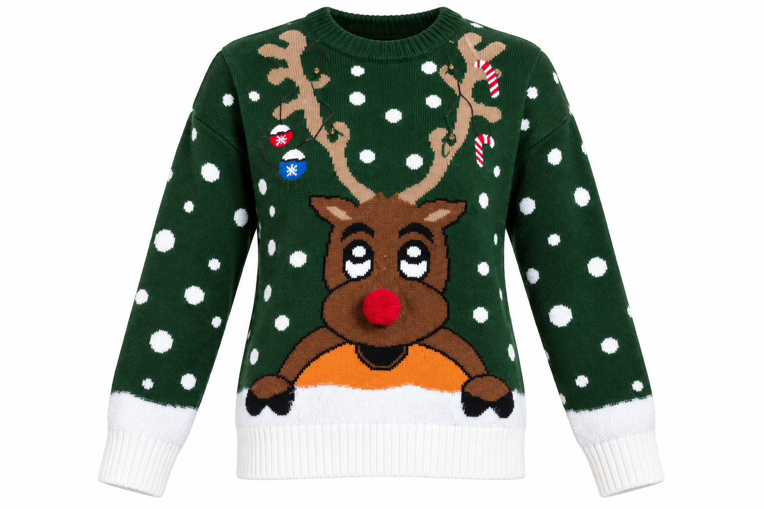 MERRY CHRISTMAS Reindeer Knitted Jumper in UK Size L. Dark green festive sweater with 3D red nose, snow and Christmas detailing. Perfect for winter and Christmas parties.