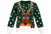 MERRY CHRISTMAS Reindeer Knitted Jumper in UK Size L. Dark green festive sweater with 3D red nose, snow and Christmas detailing. Perfect for winter and Christmas parties.