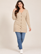 Michael Kors Women Beige Longline V-Neck Button-Up Knitted Cardigan