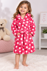 MINI BODEN Girls Pink & White Polka Dot Hooded Fleece Dressing Gown