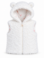  MINOTI girls’ white fluffy hooded gilet, age 2–3 years. Cute ear details, floral lining and a zip front make it ideal for cosy layering.