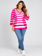 Minuet Petite Women Hot Pink & White Striped V-Neck Top