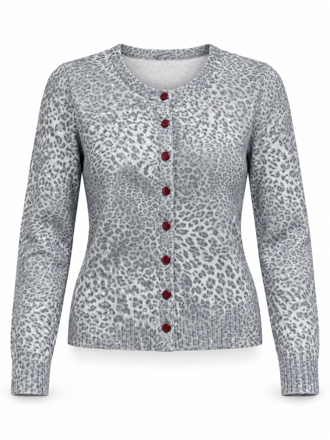   Miss Selfridge grey leopard print cardigan in UK size 10, featuring subtle shimmer, burgundy buttons and long sleeves for versatile styling.