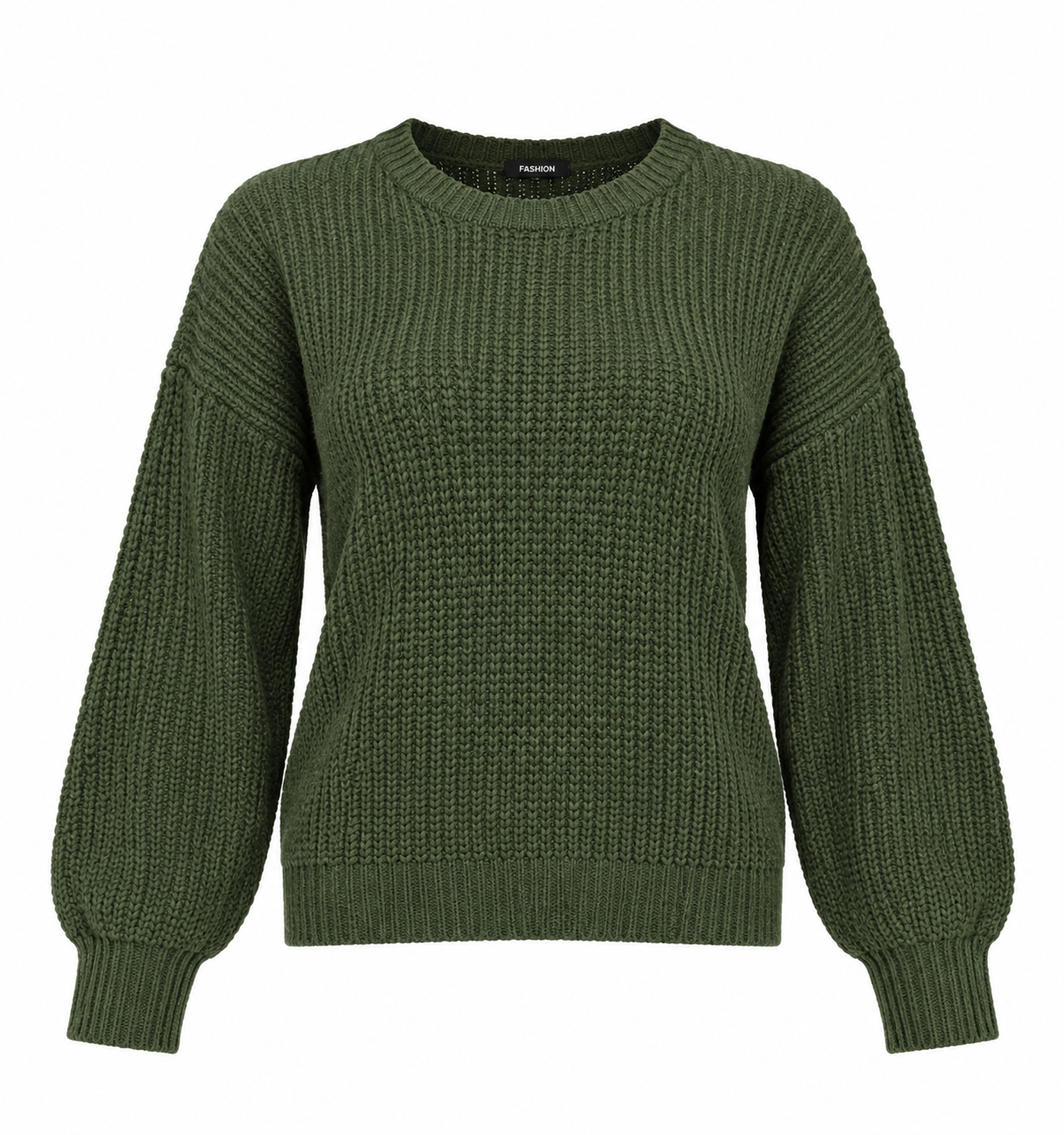olive green chunky knit sweater in UK size L. Stylish women’s jumper with crew neck, long sleeves, textured knit and relaxed fit.