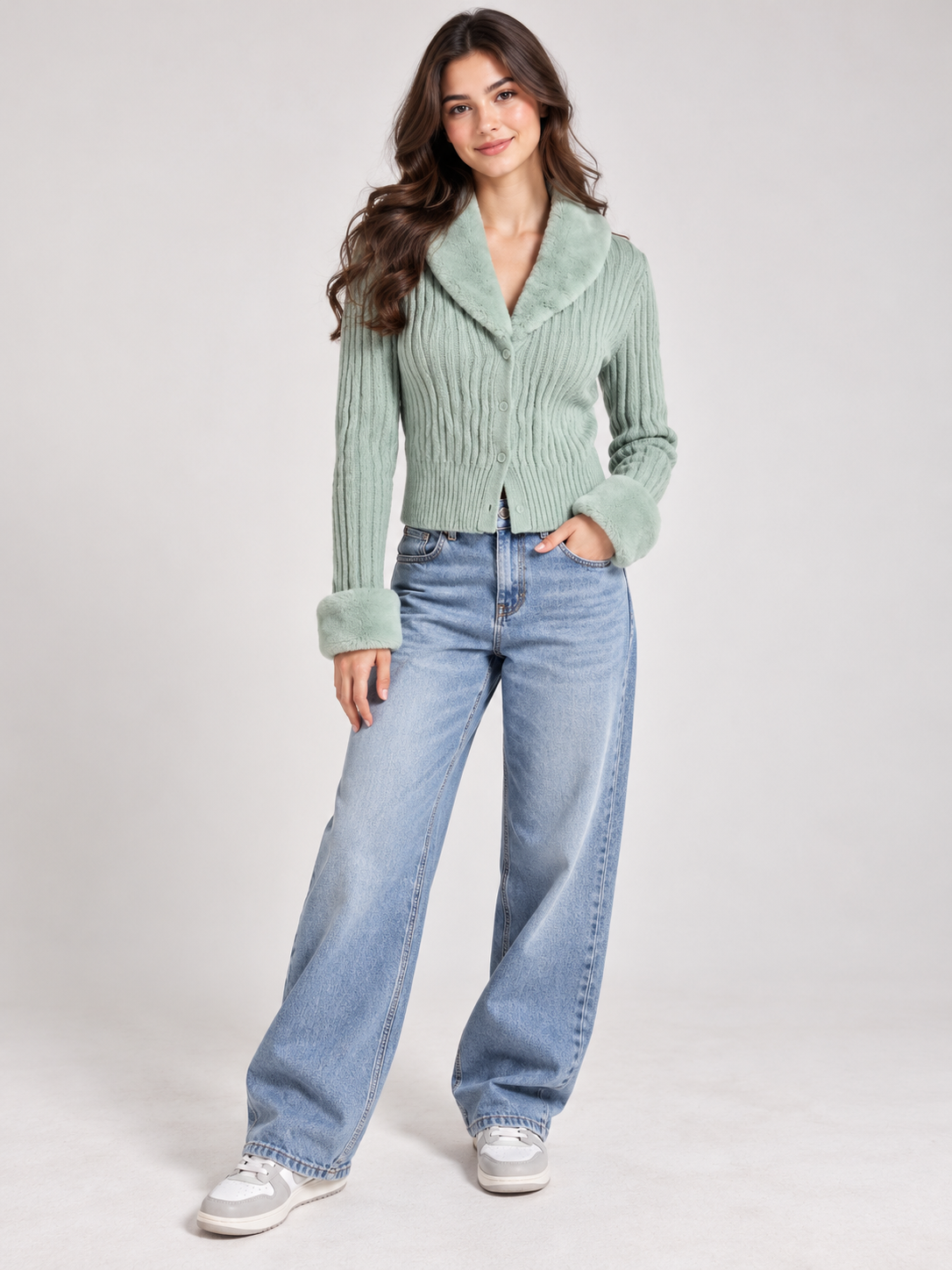 MISSGUIDED Women's Mint Green Ribbed Cropped Cardigan in UK Size S. Featuring a cosy faux fur collar, fluffy cuffs and stylish button fastening.
