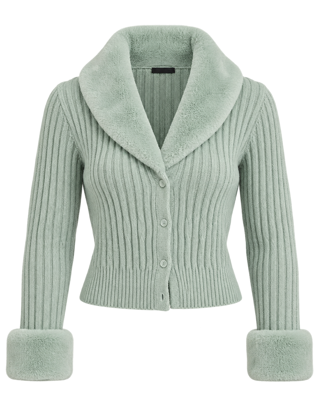 MISSGUIDED Women's Mint Green Ribbed Cropped Cardigan in UK Size S. Featuring a cosy faux fur collar, fluffy cuffs and stylish button fastening.