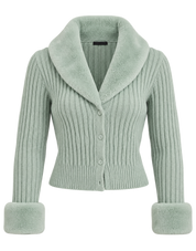 MISSGUIDED Women's Mint Green Ribbed Cropped Cardigan in UK Size S. Featuring a cosy faux fur collar, fluffy cuffs and stylish button fastening.