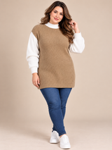 Misspap Women Camel Brown & White Ribbed Knit Mock Neck Long Sleeve Jumper