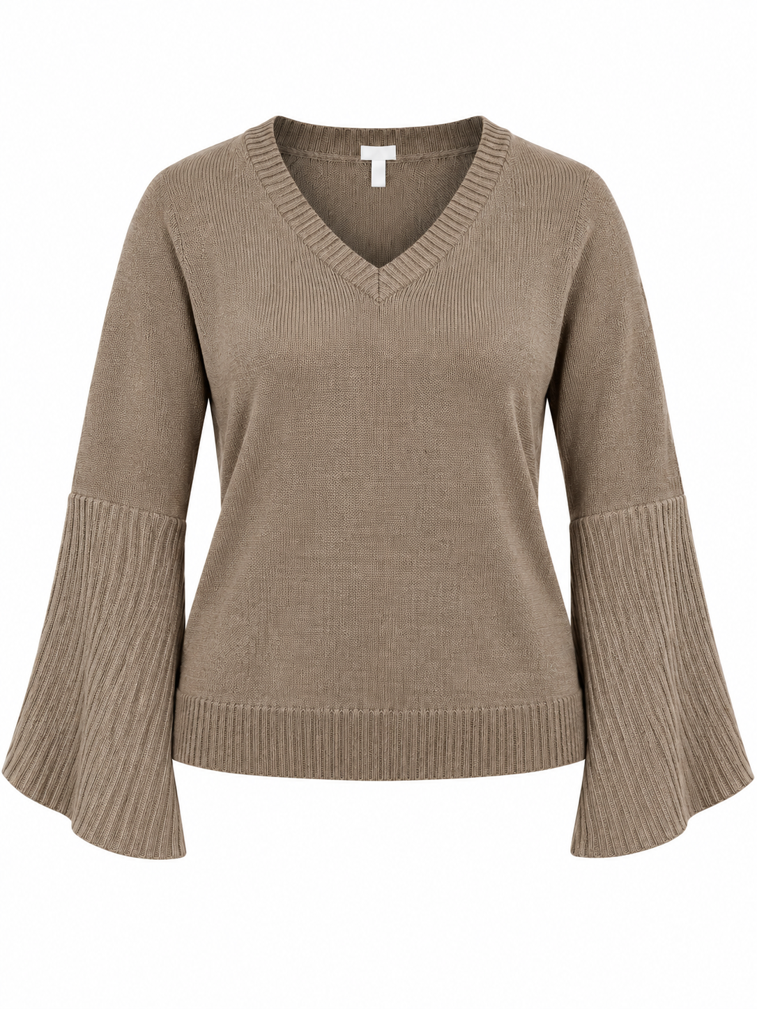  MISSY Women's Taupe Brown V-Neck Knitted Jumper in UK Size 3XL. Stylish bell sleeves, ribbed cuffs and a comfortable plus-size fit.